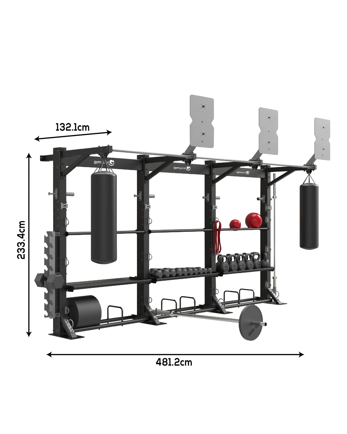 Gym Gear functional storage solution with triple wall-mounted storage units for organized gym equipment storage.