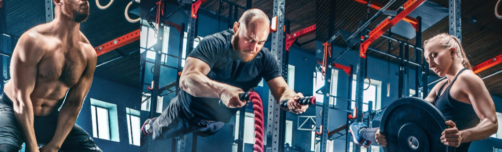 Three people exercising with resistance bands and weights in a gym setting.