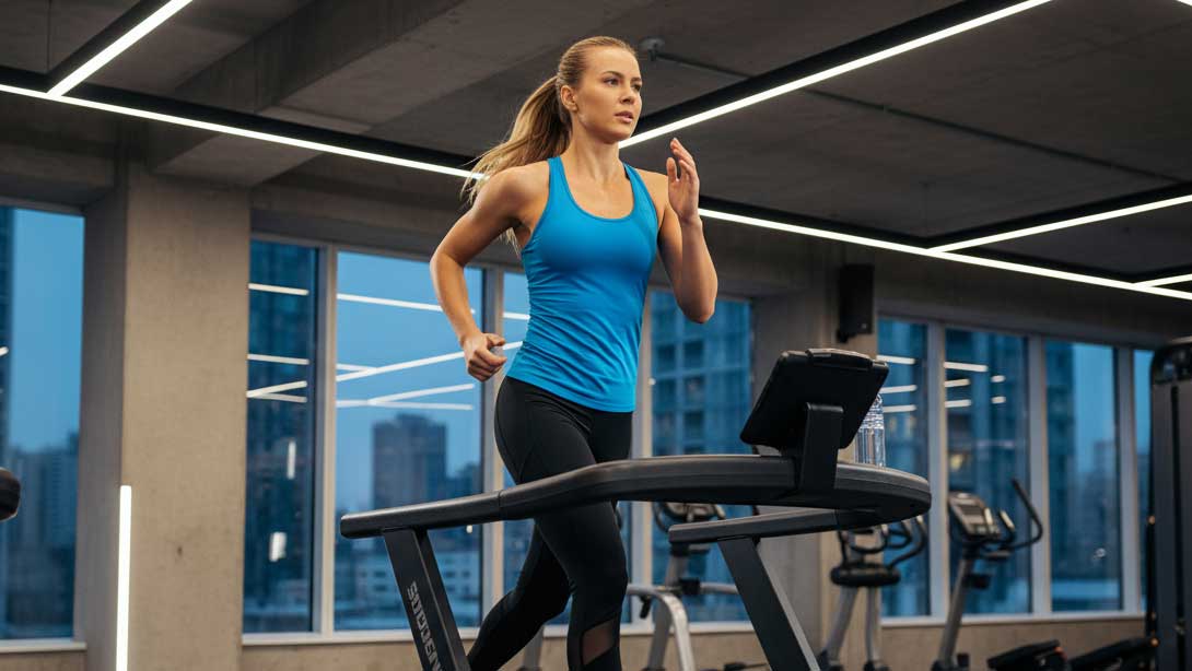 Woman running on a treadmill in a modern gym with cityscape view